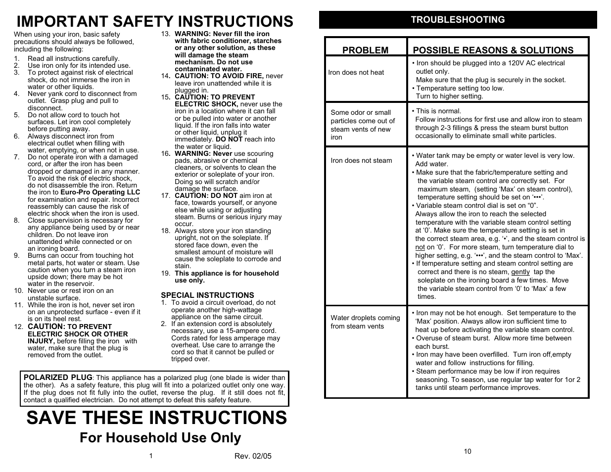 Save these instructions, Important safety instructions, For household use only | Euro-Pro POWERPRO GI468H User Manual | Page 2 / 6