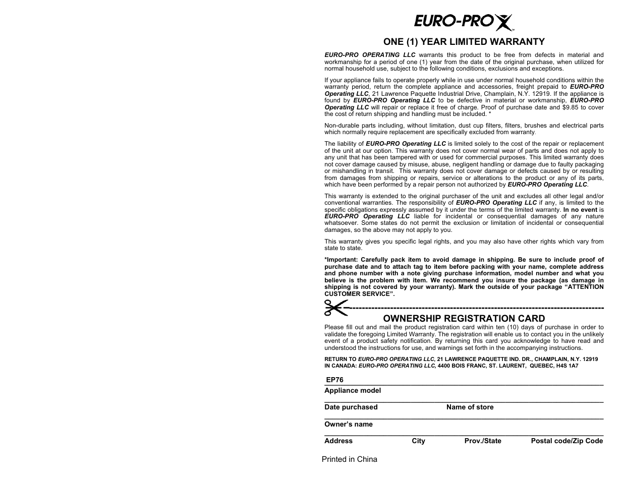 One (1) year limited warranty, Ownership registration card | Euro-Pro EP76 User Manual | Page 2 / 8