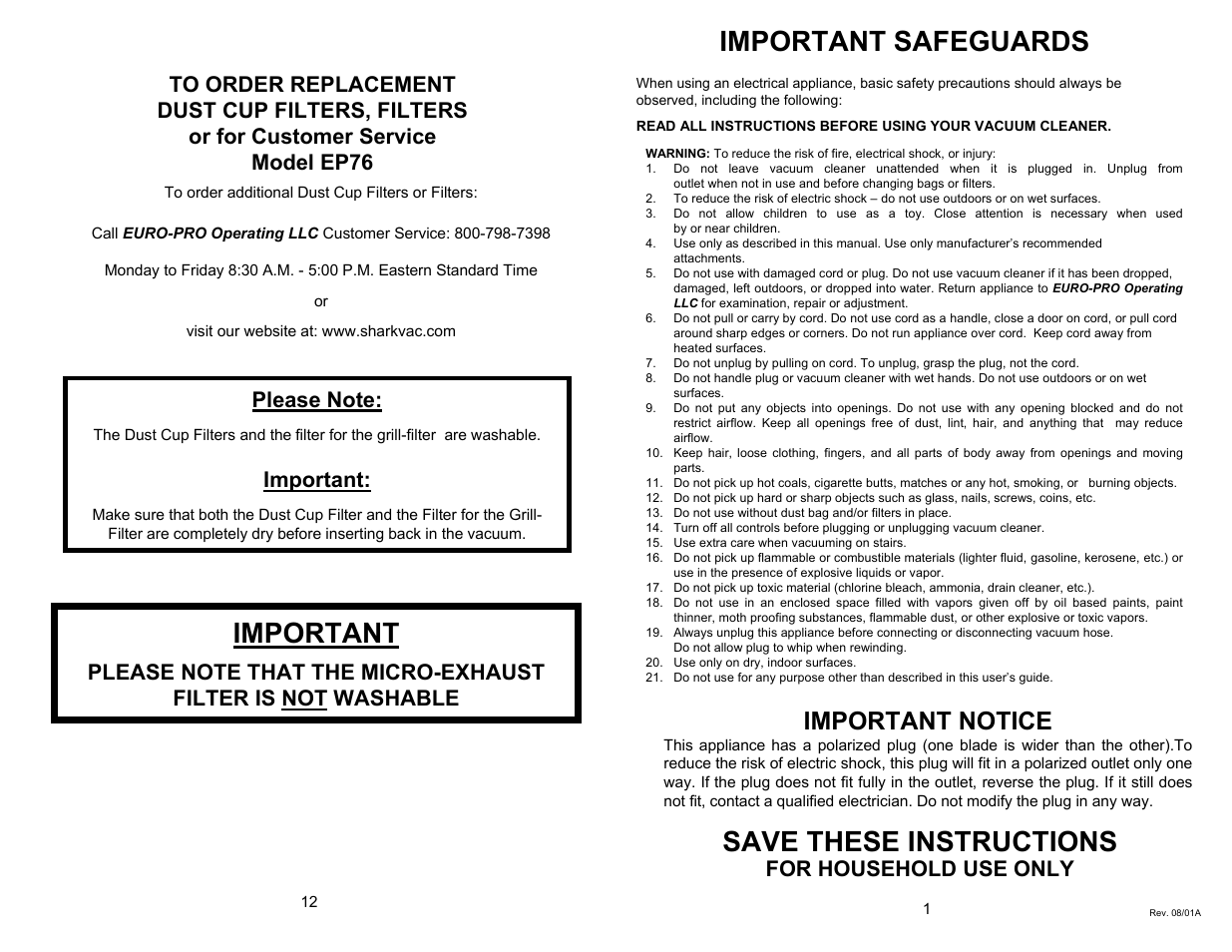 Important safeguards, Save these instructions, Important notice | Important, For household use only | Euro-Pro EP76 User Manual | Page 3 / 8