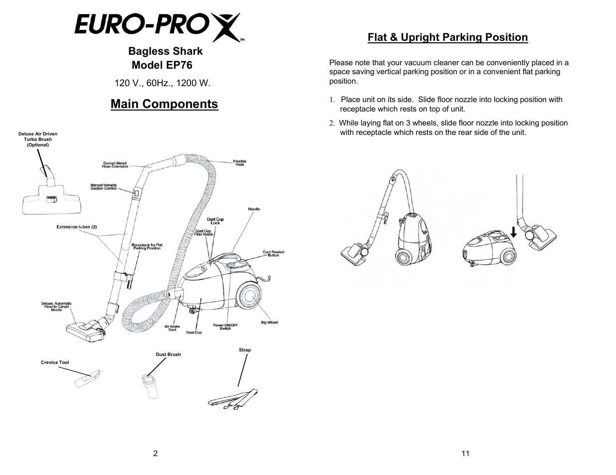 Main components, Flat & upright parking position bagless shark, Model ep76 | Euro-Pro EP76 User Manual | Page 4 / 8