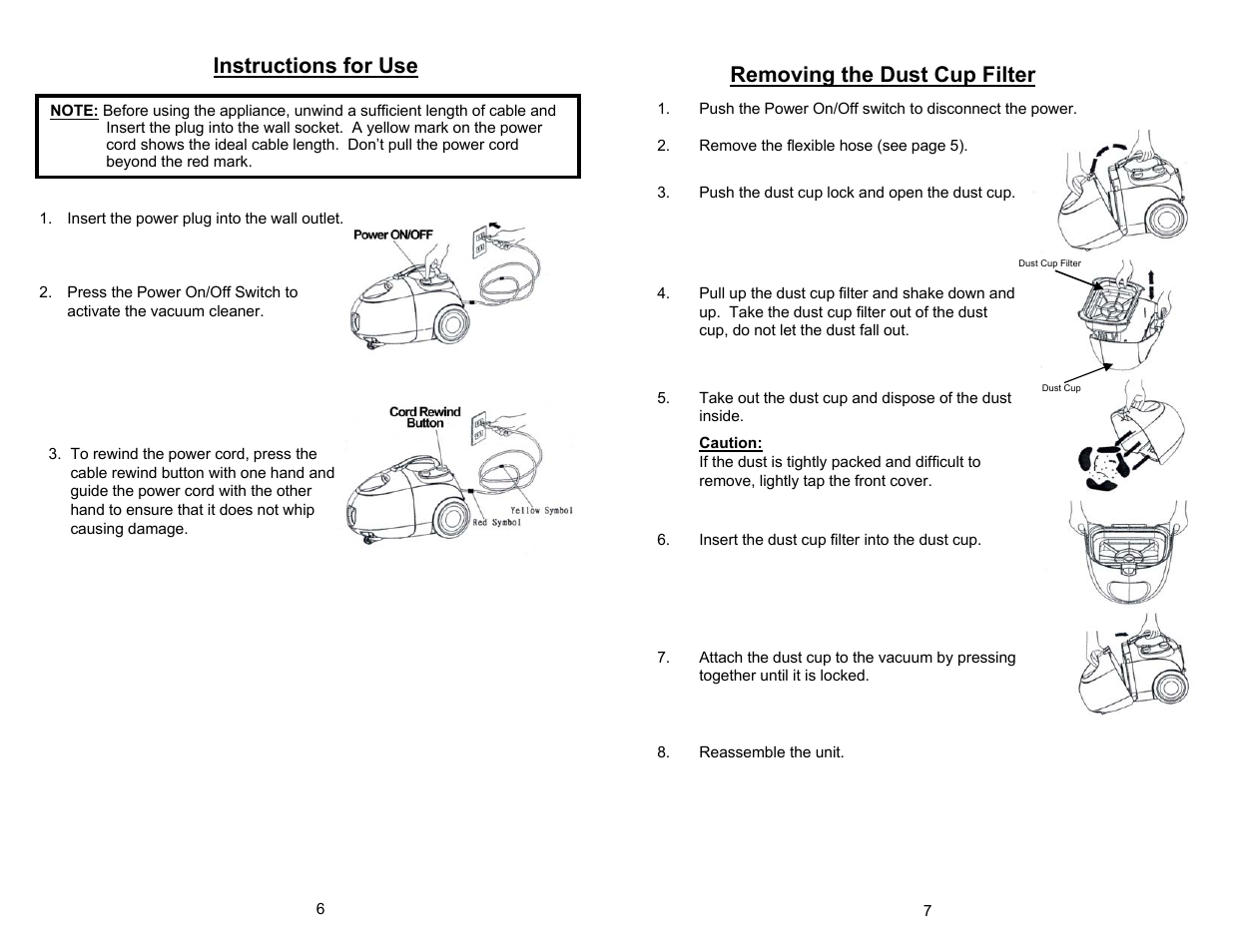 Instructions for use removing the dust cup filter | Euro-Pro EP76 User Manual | Page 8 / 8