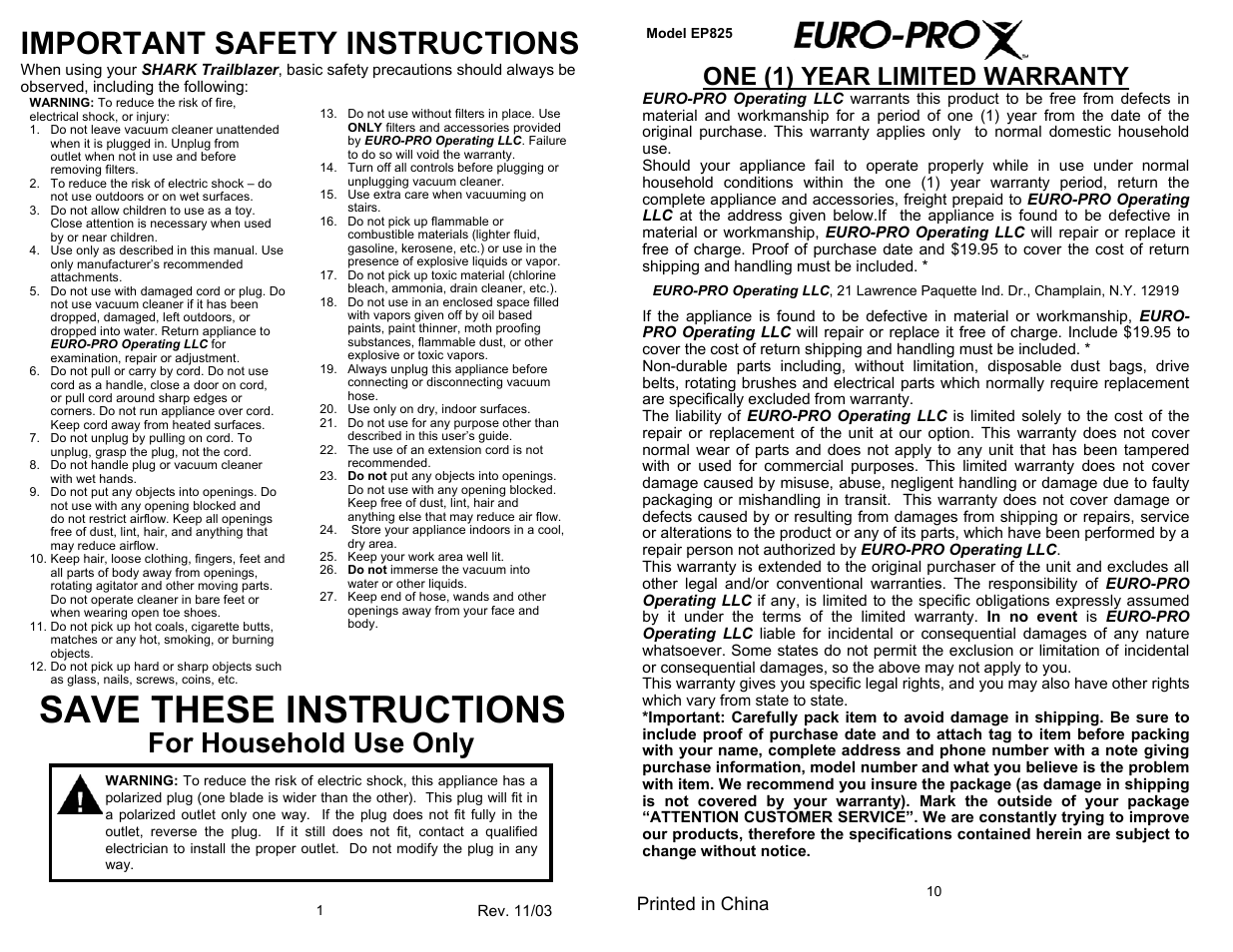 Save these instructions, Important safety instructions, For household use only | One (1) year limited warranty, Printed in china | Euro-Pro SHARK EP825 User Manual | Page 2 / 6