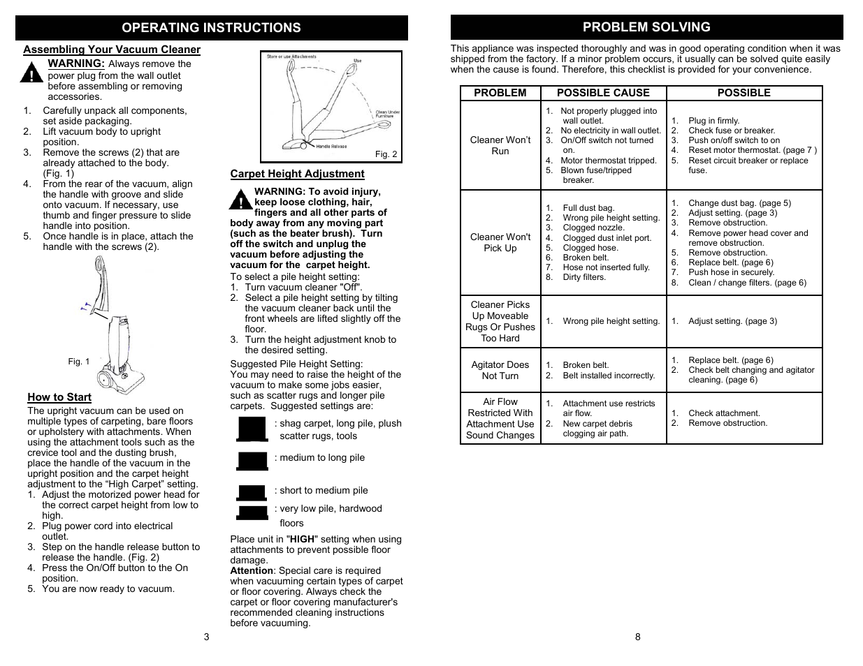 Problem solving operating instructions | Euro-Pro SHARK EP825 User Manual | Page 4 / 6