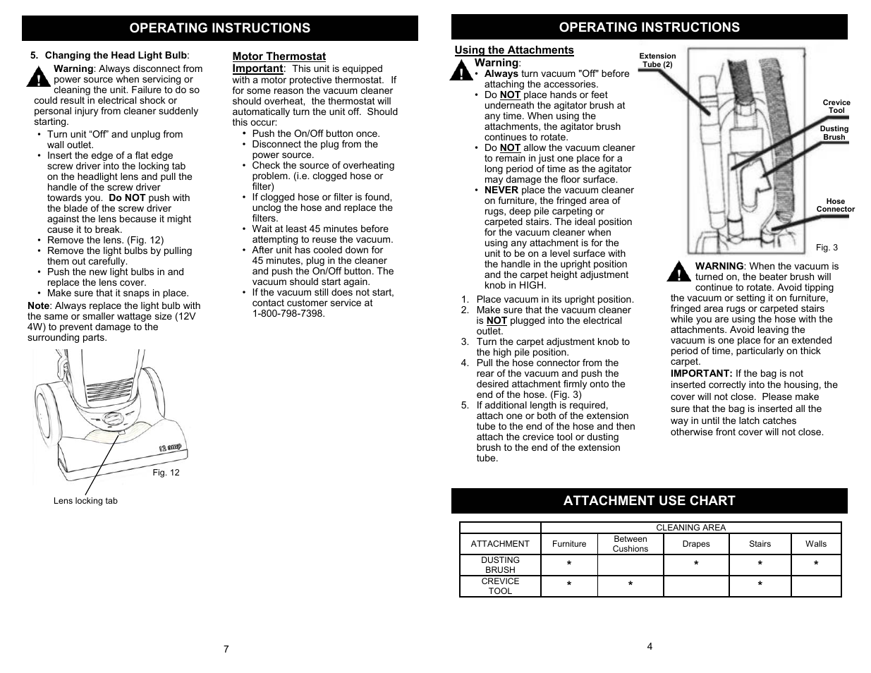 Attachment use chart, Operating instructions | Euro-Pro SHARK EP825 User Manual | Page 5 / 6