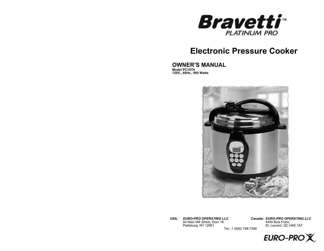 Euro-Pro ELECTRONIC PRESSURE COOKER PC107H User Manual | 10 pages