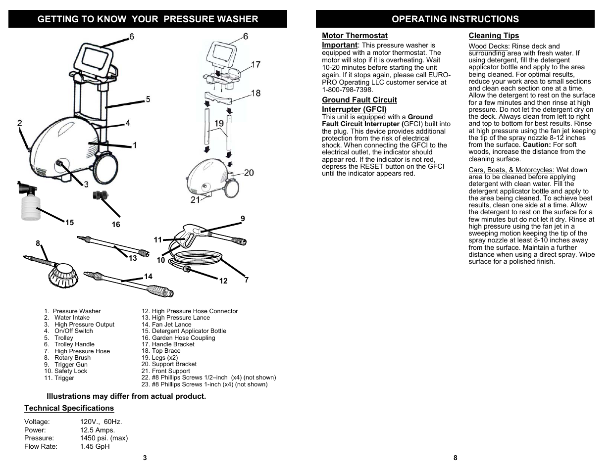 Getting to know your pressure washer, Operating instructions | Euro-Pro VPW43 User Manual | Page 4 / 6