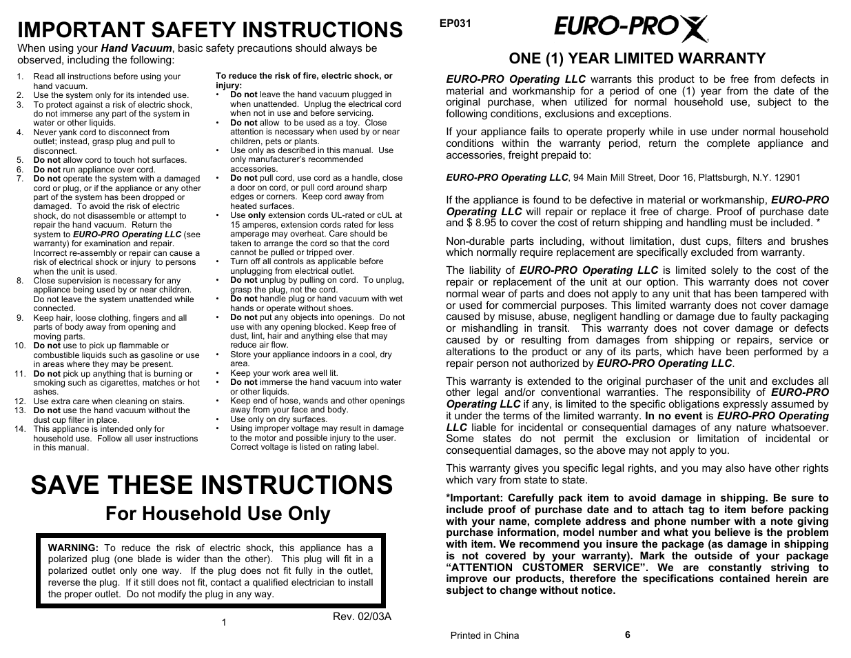 Save these instructions, Important safety instructions, For household use only | One (1) year limited warranty | Euro-Pro MINI SHARK EP031 User Manual | Page 2 / 4