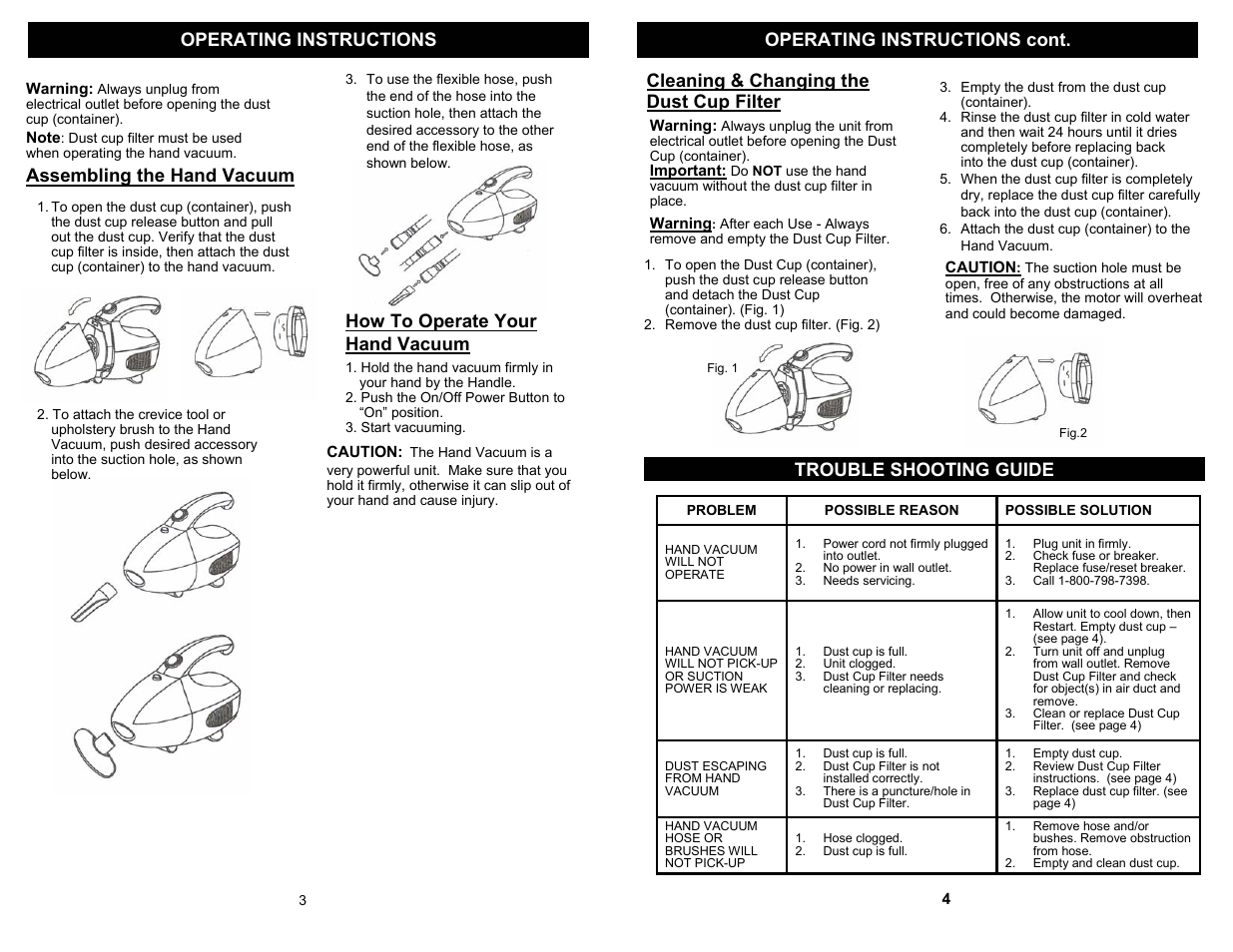 How to operate your hand vacuum, Assembling the hand vacuum, Trouble shooting guide | Euro-Pro MINI SHARK EP031 User Manual | Page 4 / 4