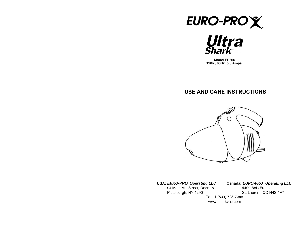 Euro-Pro ULTRA SHARK EP366 User Manual | 6 pages