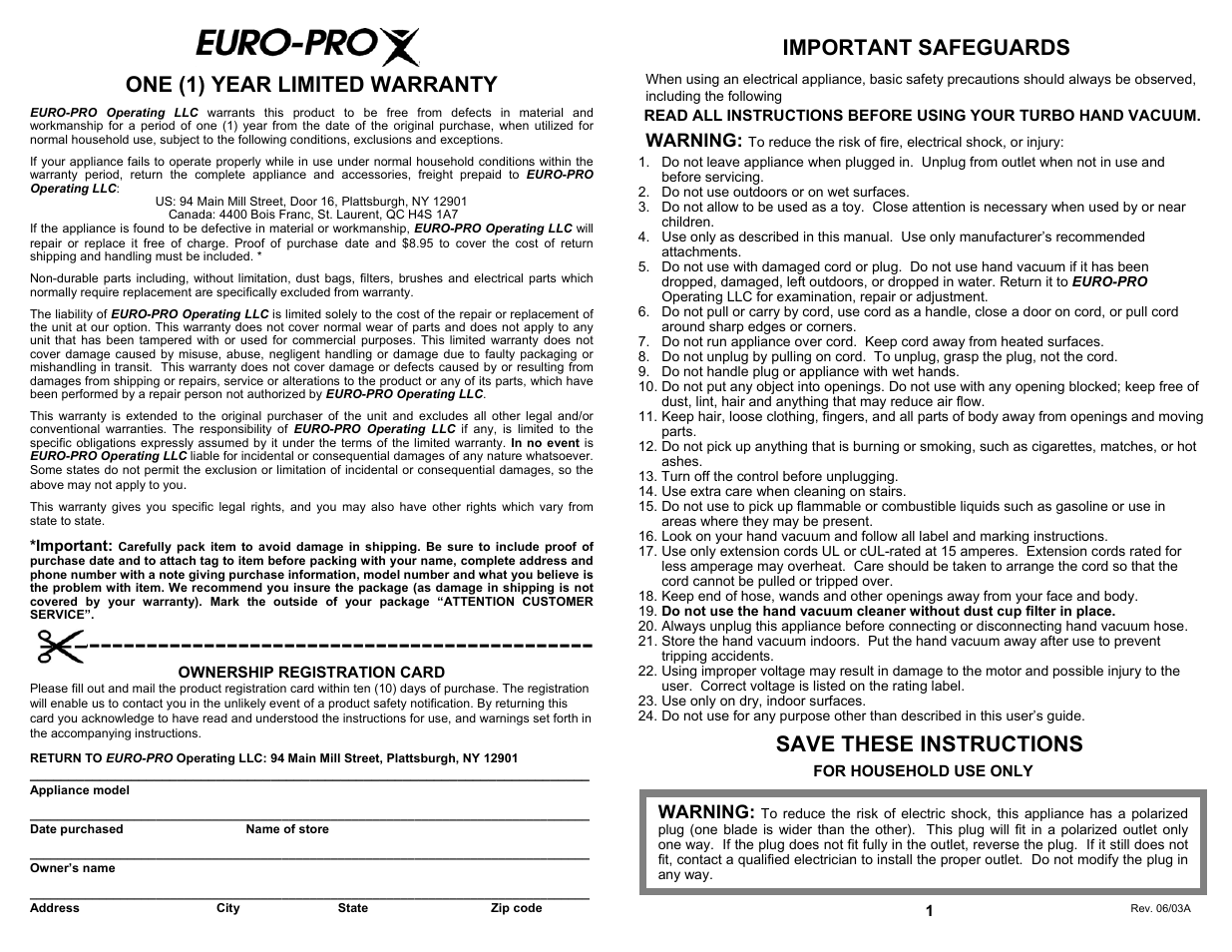 One (1) year limited warranty, Important safeguards, Save these instructions | Warning | Euro-Pro ULTRA SHARK EP366 User Manual | Page 3 / 6