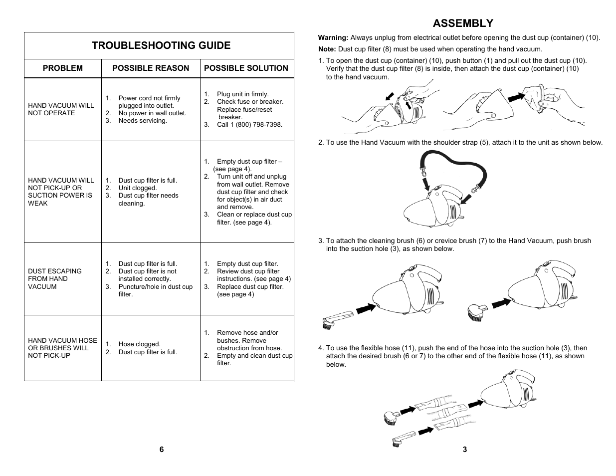 Assembly, Troubleshooting guide | Euro-Pro ULTRA SHARK EP366 User Manual | Page 5 / 6