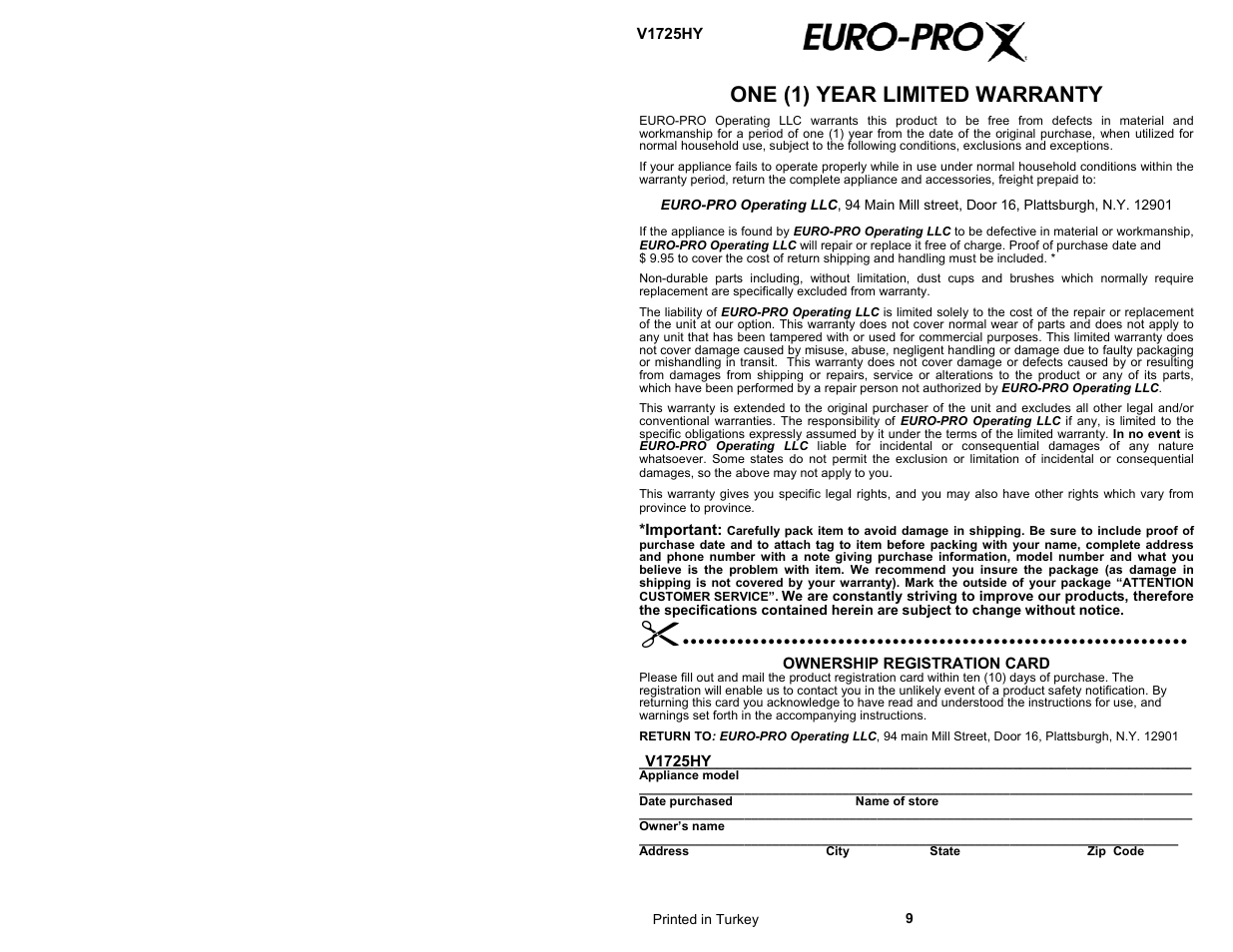 One (1) year limited warranty | Euro-Pro V1725HY User Manual | Page 2 / 6