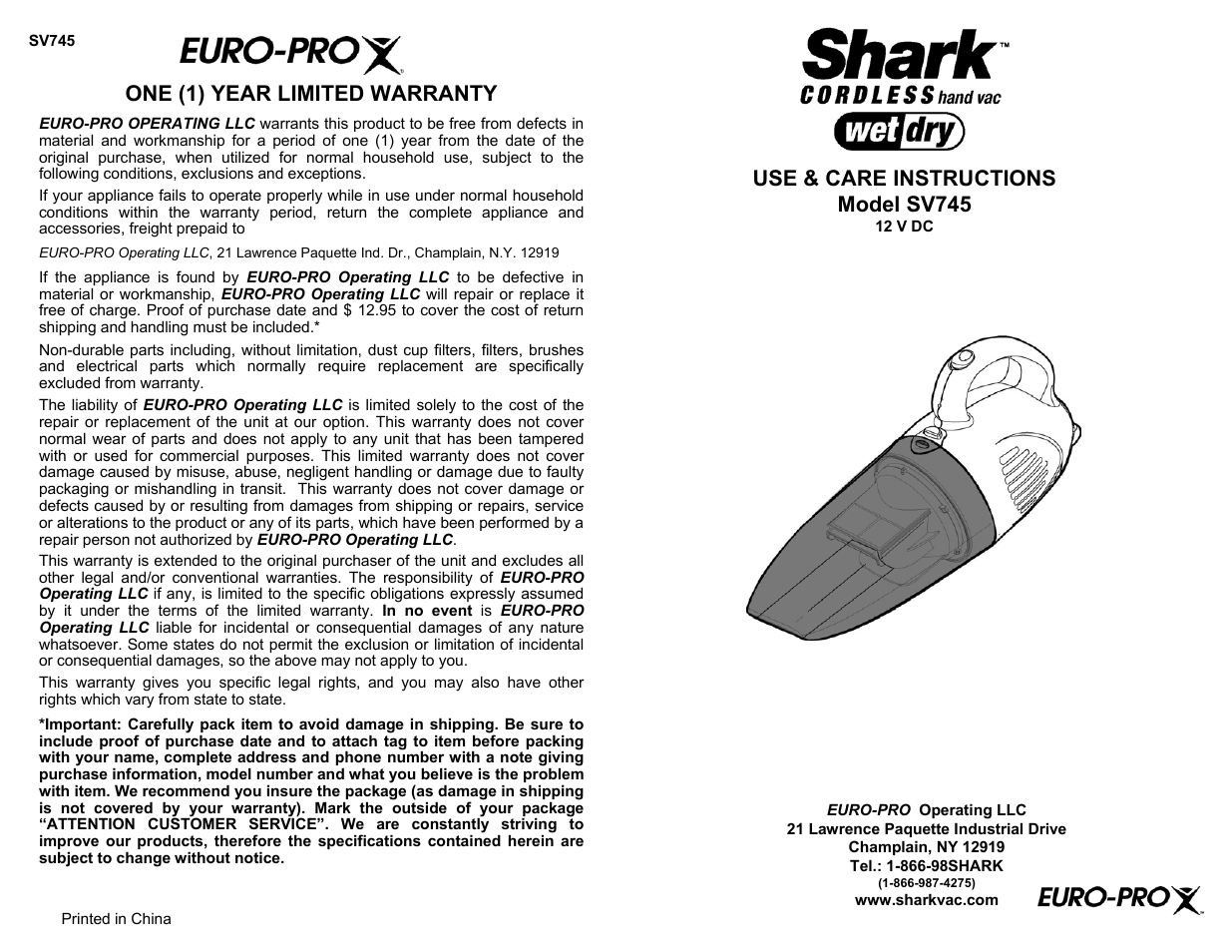 Euro-Pro SHARK SV745 User Manual | 4 pages