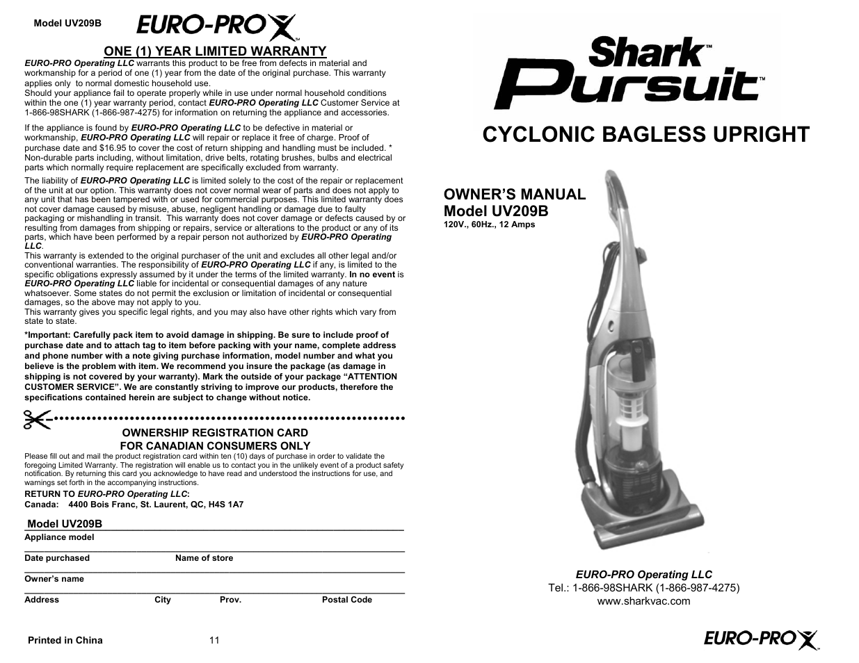 Euro-Pro SHARK PURSUIT UV209B User Manual | 6 pages