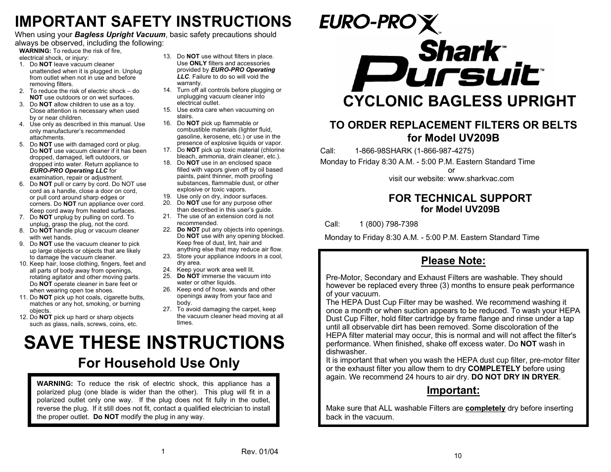 Save these instructions, For household use only, For technical support | Important, For model uv209b | Euro-Pro SHARK PURSUIT UV209B User Manual | Page 2 / 6