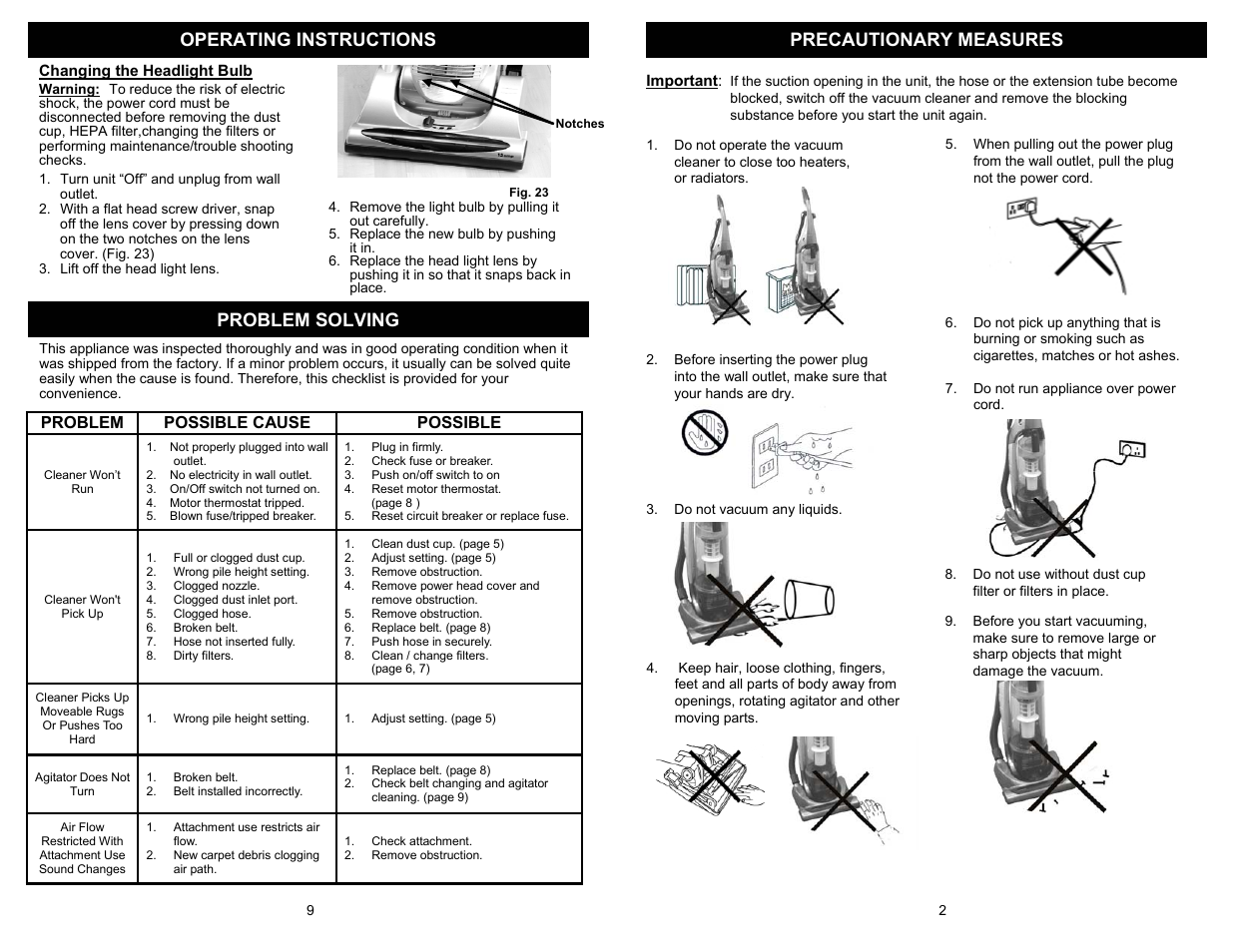 Operating instructions precautionary measures, Problem solving | Euro-Pro SHARK PURSUIT UV209B User Manual | Page 3 / 6