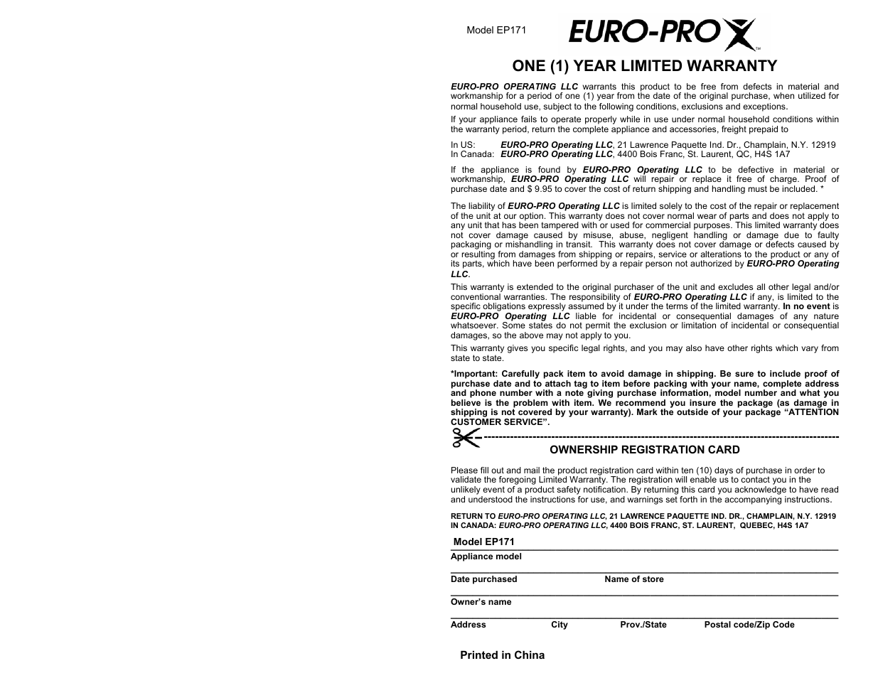 One (1) year limited warranty | Euro-Pro EP171 User Manual | Page 2 / 8