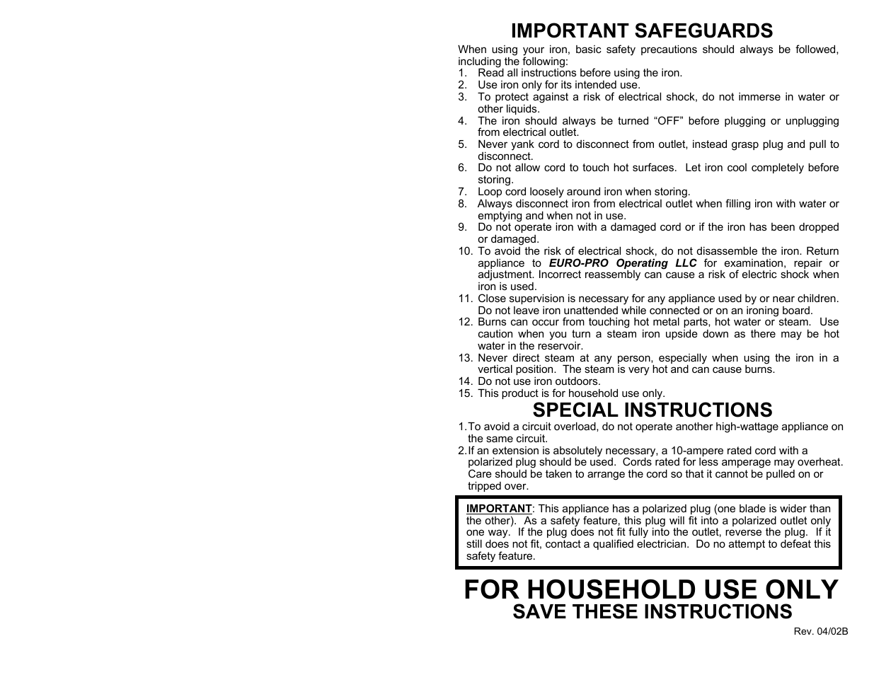 For household use only, Important safeguards, Special instructions | Save these instructions | Euro-Pro EP171 User Manual | Page 3 / 8