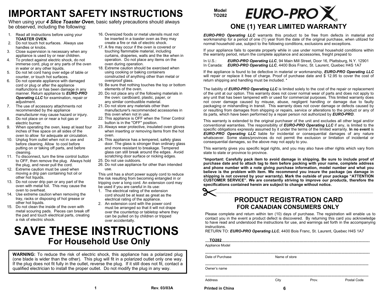 Save these instructions, Important safety instructions, For household use only | Product registration card, One (1) year limited warranty, For canadian consumers only | Euro-Pro TO282 User Manual | Page 2 / 4