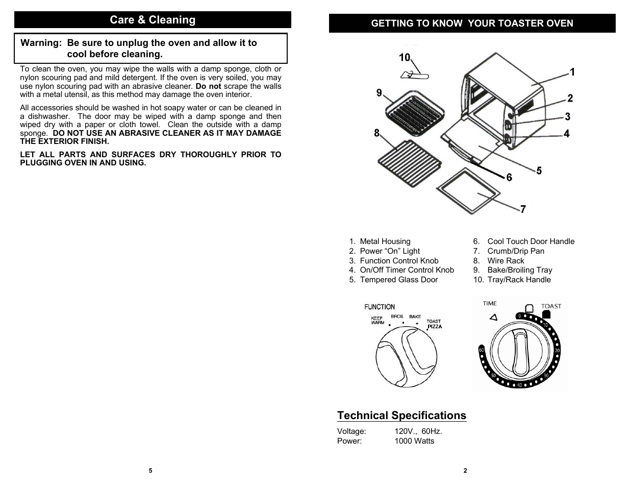 Care & cleaning, Technical specifications | Euro-Pro TO282 User Manual | Page 3 / 4