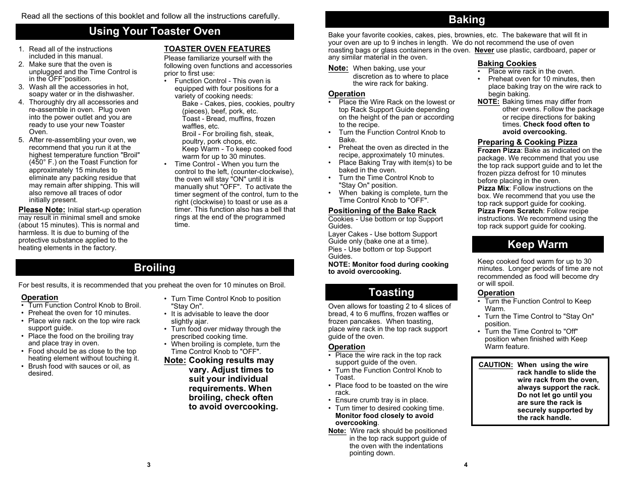 Using your toaster oven, Broiling, Baking | Keep warm, Toasting | Euro-Pro TO282 User Manual | Page 4 / 4