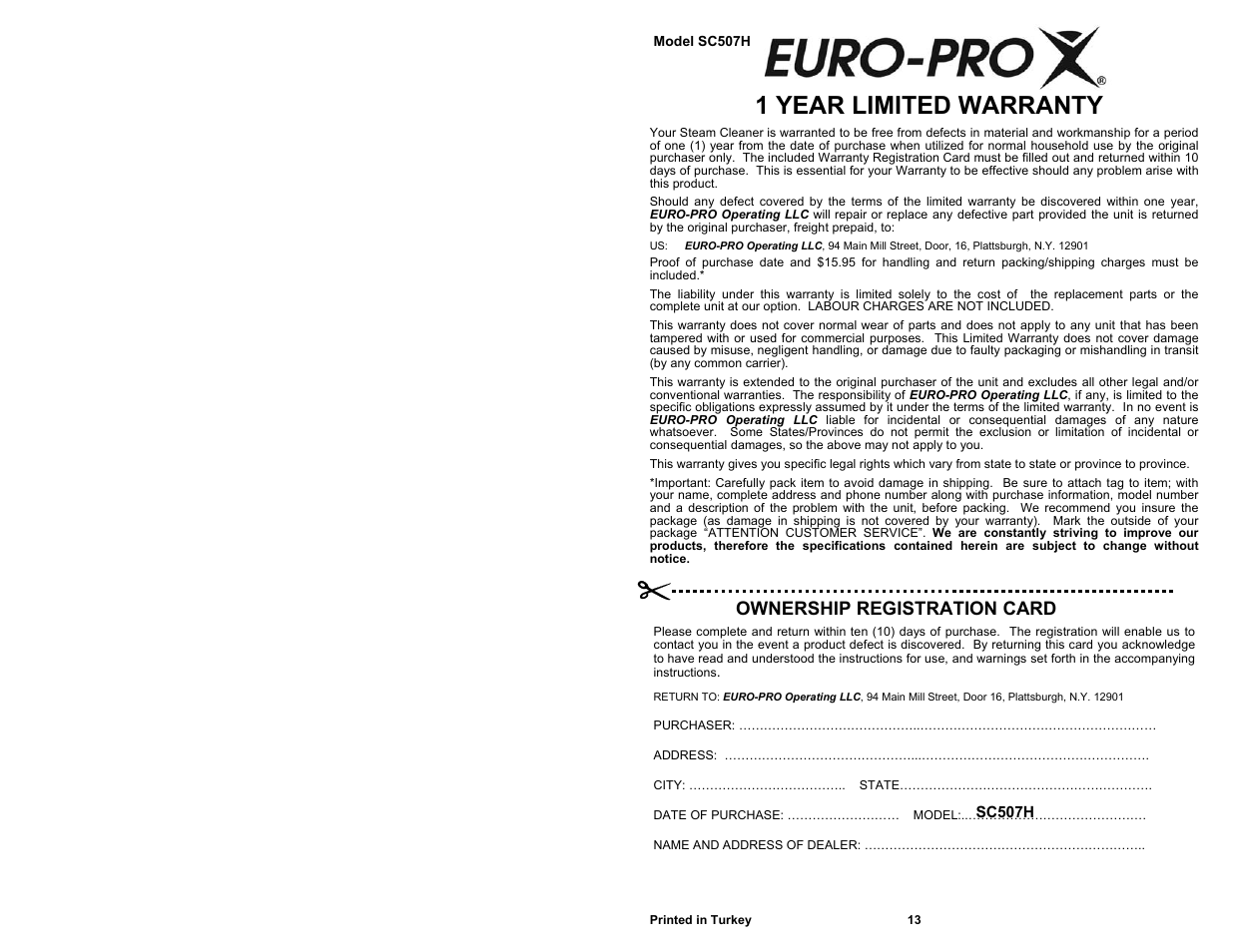1 year limited warranty, Ownership registration card | Euro-Pro SC507H User Manual | Page 2 / 8