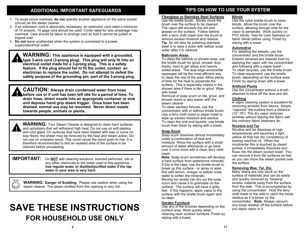 Save these instructions, For household use only, Warning | Caution | Euro-Pro SC507H User Manual | Page 4 / 8