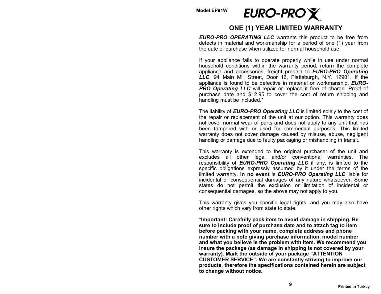 Euro-Pro EP91W User Manual | Page 2 / 6