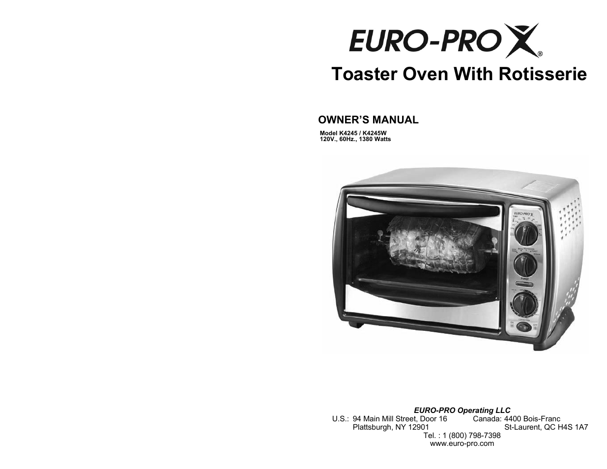 Euro-Pro TOASTER OVEN WITH ROTISSERIE K4245 User Manual | 6 pages