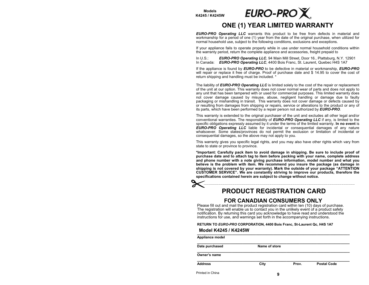 Product registration card, One (1) year limited warranty, For canadian consumers only | Euro-Pro TOASTER OVEN WITH ROTISSERIE K4245 User Manual | Page 2 / 6