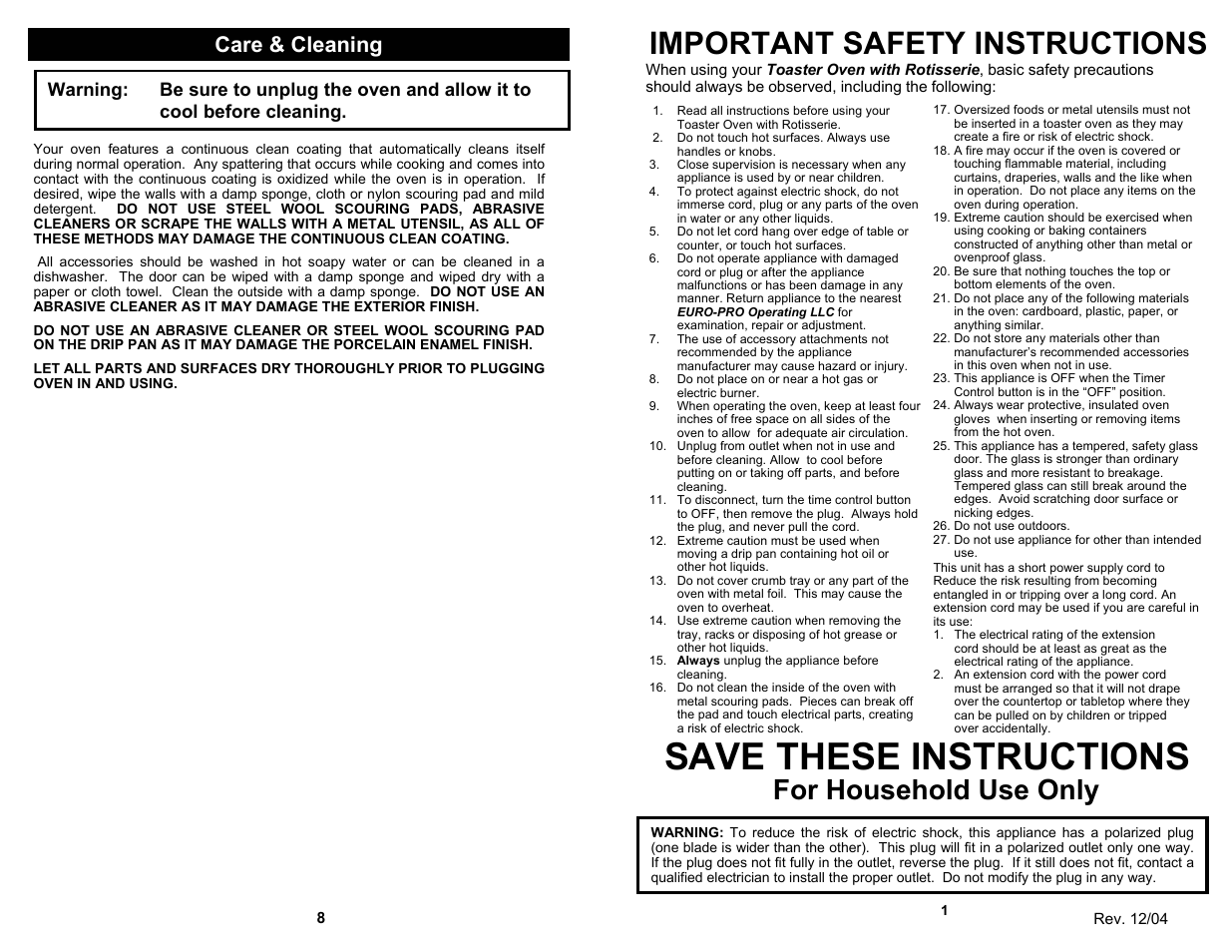 Save these instructions, Important safety instructions, For household use only | Care & cleaning | Euro-Pro TOASTER OVEN WITH ROTISSERIE K4245 User Manual | Page 3 / 6