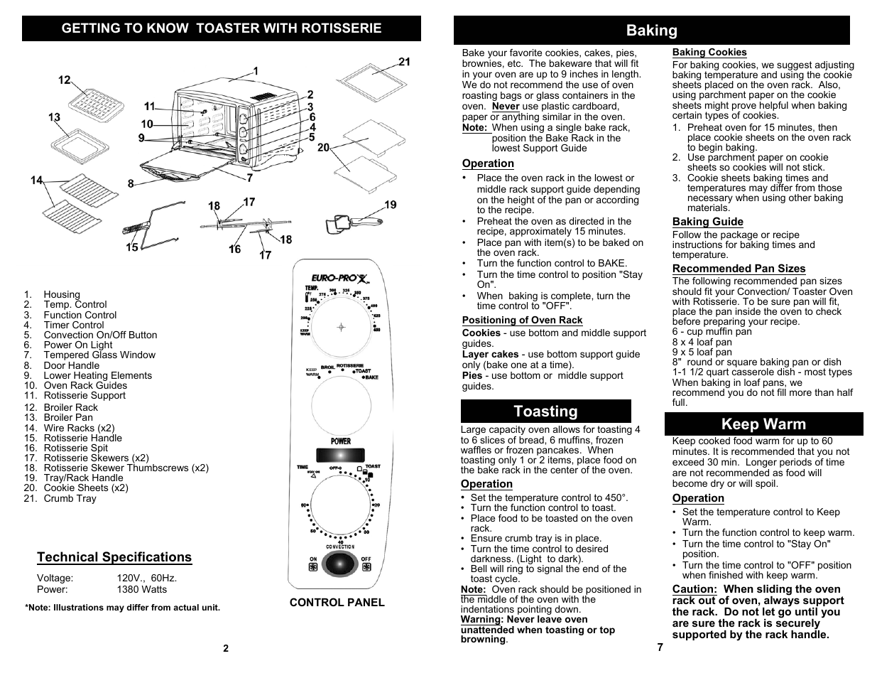 Baking, Toasting, Keep warm | Technical specifications, Getting to know toaster with rotisserie | Euro-Pro TOASTER OVEN WITH ROTISSERIE K4245 User Manual | Page 4 / 6