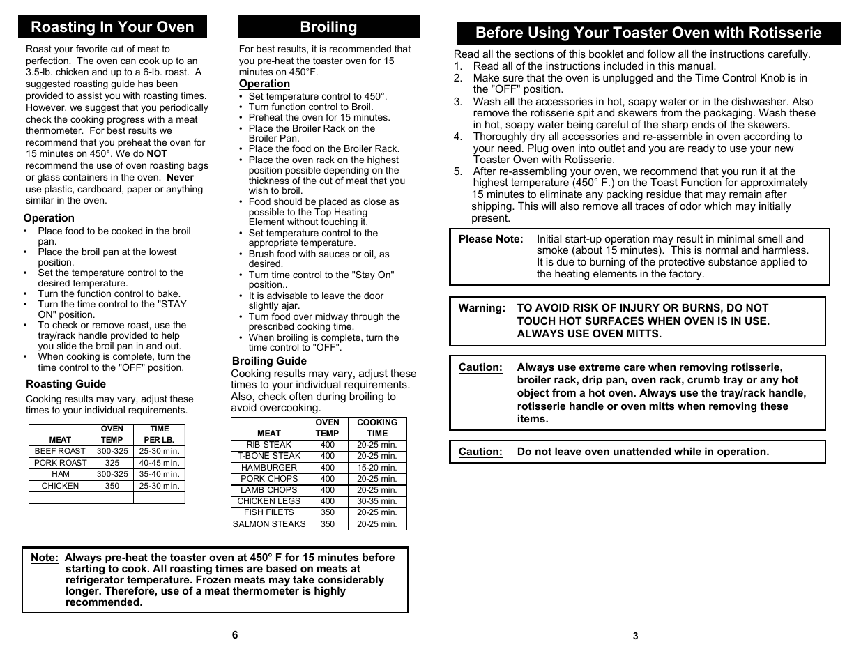 Roasting in your oven, Broiling, Before using your toaster oven with rotisserie | Euro-Pro TOASTER OVEN WITH ROTISSERIE K4245 User Manual | Page 5 / 6