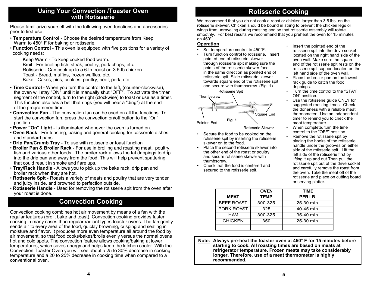 Convection cooking rotisserie cooking | Euro-Pro TOASTER OVEN WITH ROTISSERIE K4245 User Manual | Page 6 / 6