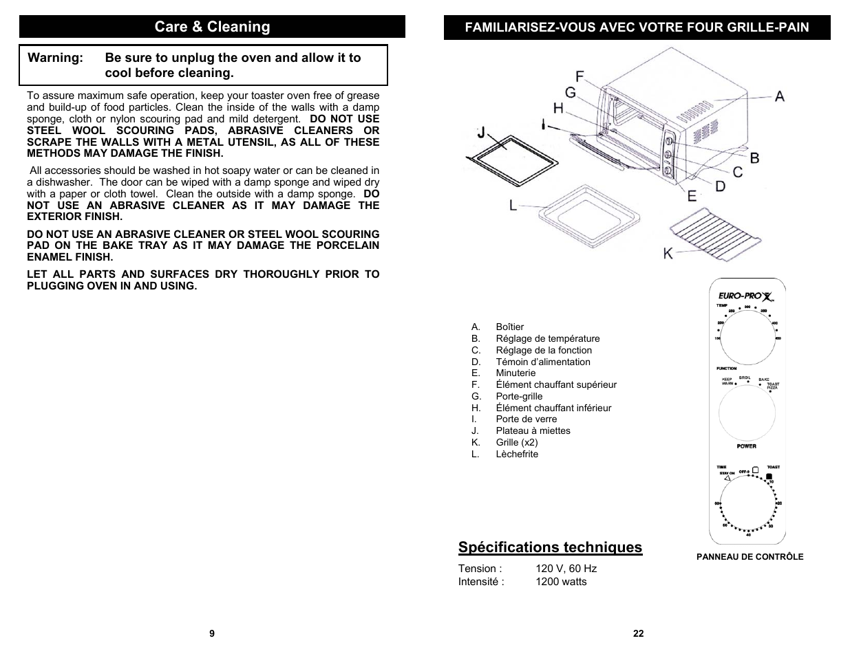 Care & cleaning, Spécifications techniques | Euro-Pro TO284L User Manual | Page 10 / 16