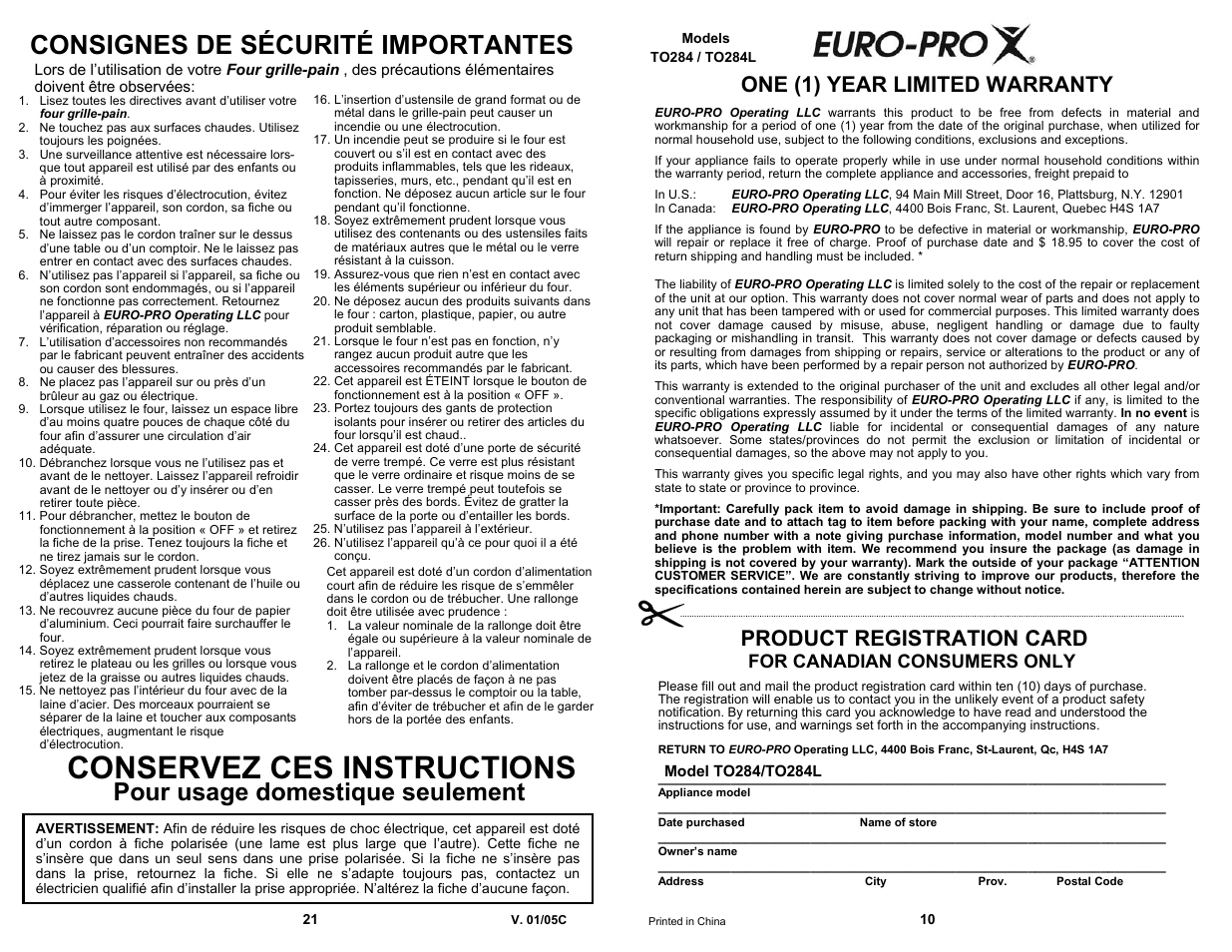 Conservez ces instructions, Consignes de sécurité importantes, Pour usage domestique seulement | Product registration card, One (1) year limited warranty, For canadian consumers only | Euro-Pro TO284L User Manual | Page 11 / 16