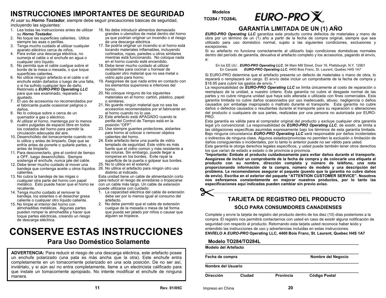 Conserve estas instrucciones, Instrucciones importantes de seguridad, Para uso doméstico solamente | Tarjeta de registro del producto, Garantía limitada de un (1) año | Euro-Pro TO284L User Manual | Page 12 / 16