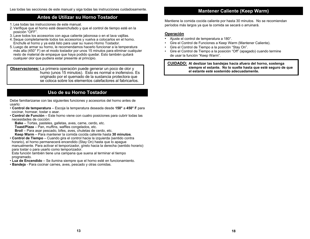 Antes de utilizar su horno tostador, Mantener caliente (keep warm), Uso de su horno tostador | Euro-Pro TO284L User Manual | Page 14 / 16