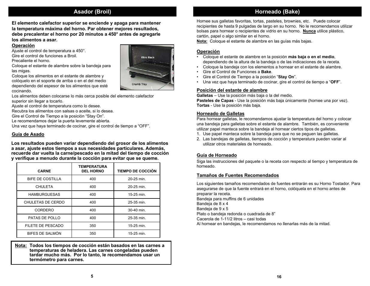 Asador (broil), Horneado (bake) | Euro-Pro TO284L User Manual | Page 16 / 16