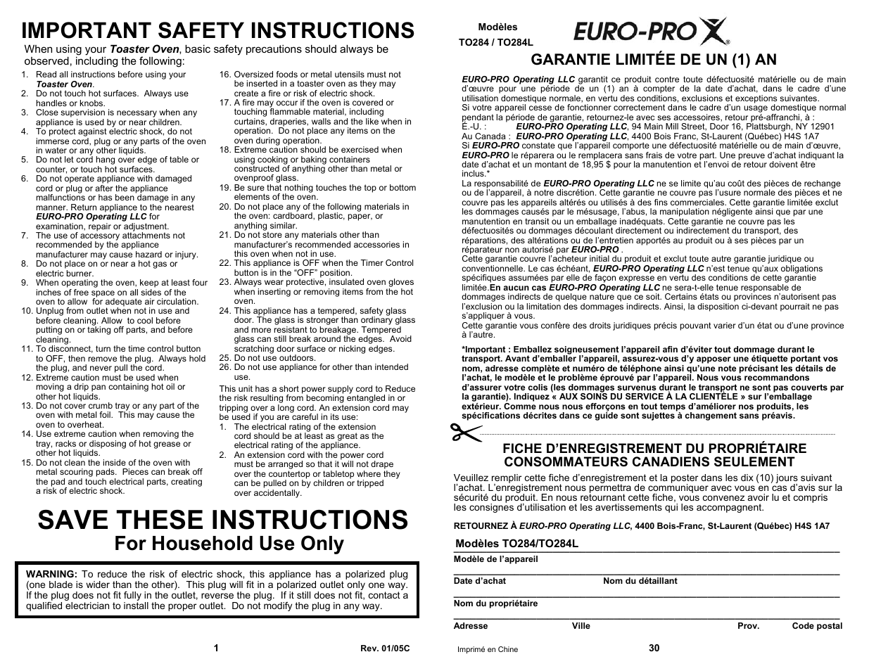 Save these instructions, Important safety instructions, For household use only | Garantie limitée de un (1) an | Euro-Pro TO284L User Manual | Page 2 / 16