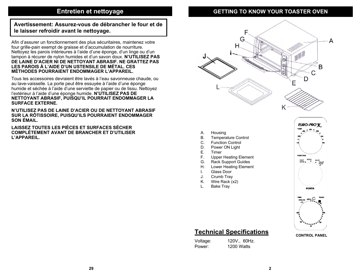 Entretien et nettoyage, Technical specifications | Euro-Pro TO284L User Manual | Page 3 / 16