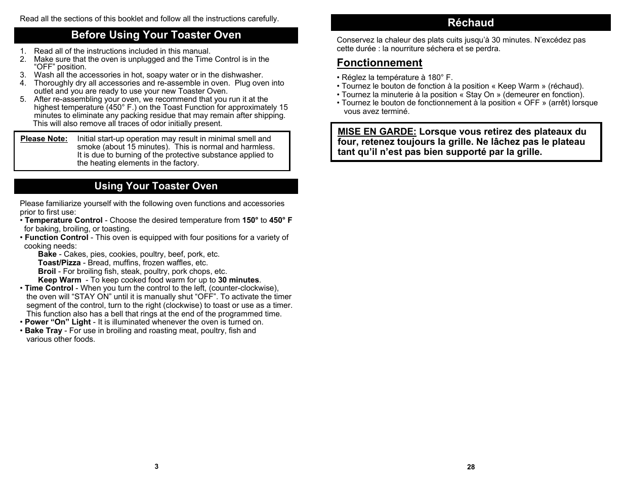 Réchaud before using your toaster oven, Fonctionnement | Euro-Pro TO284L User Manual | Page 4 / 16