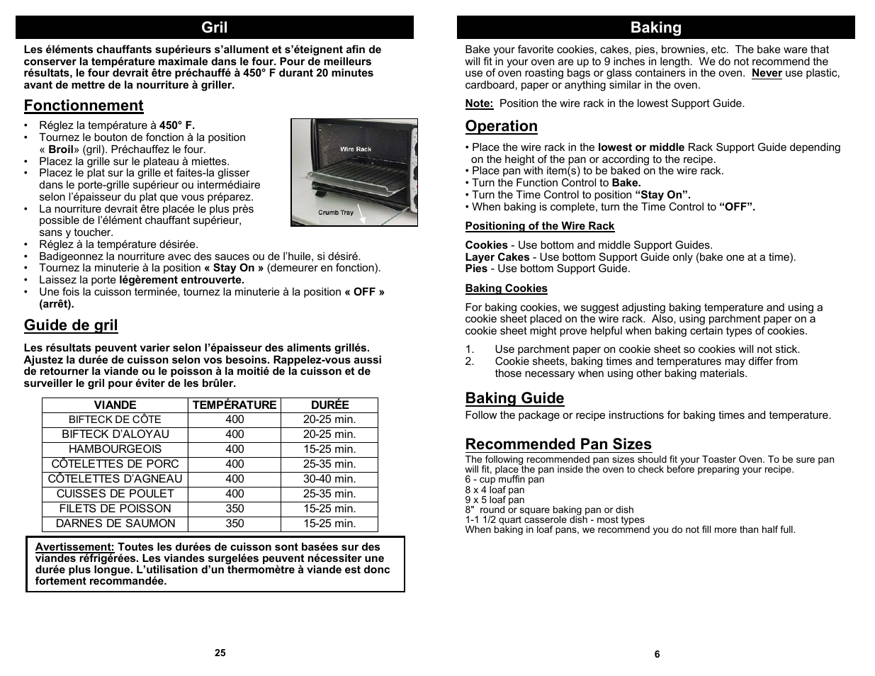 Baking, Operation, Fonctionnement | Guide de gril, Baking guide, Recommended pan sizes gril | Euro-Pro TO284L User Manual | Page 7 / 16