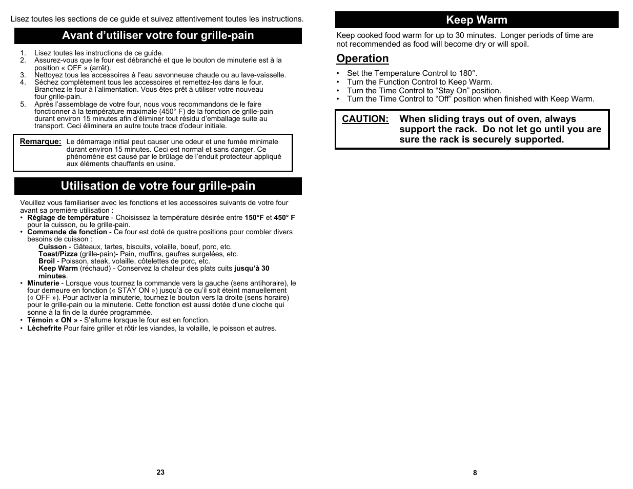 Utilisation de votre four grille-pain, Keep warm, Avant d’utiliser votre four grille-pain | Operation | Euro-Pro TO284L User Manual | Page 9 / 16