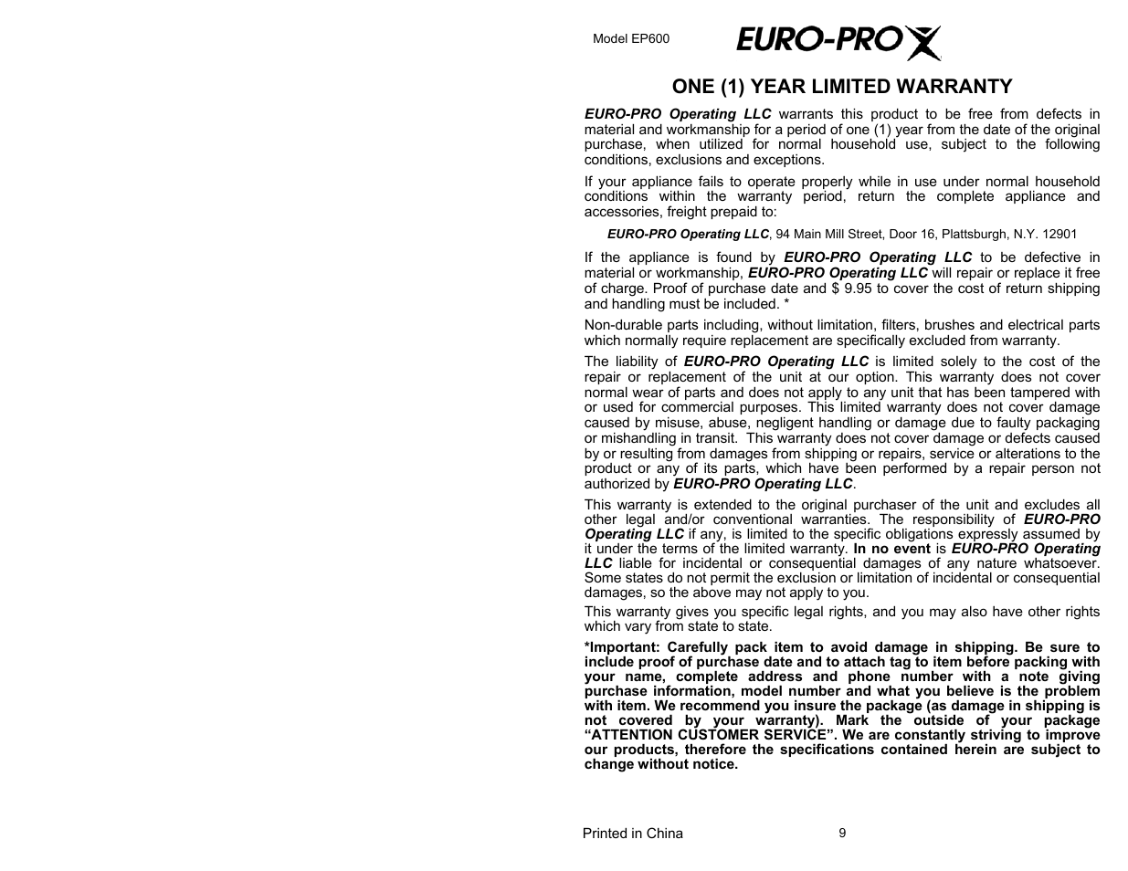 One (1) year limited warranty | Euro-Pro EP600 User Manual | Page 2 / 6