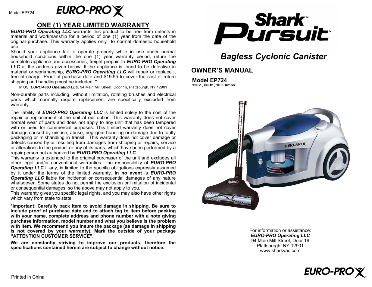 Euro-Pro SHARK PURSUIT EP724 User Manual | 6 pages