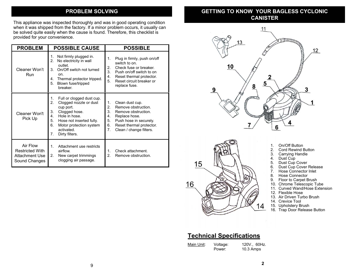 Technical specifications, Problem possible cause possible | Euro-Pro SHARK PURSUIT EP724 User Manual | Page 3 / 6