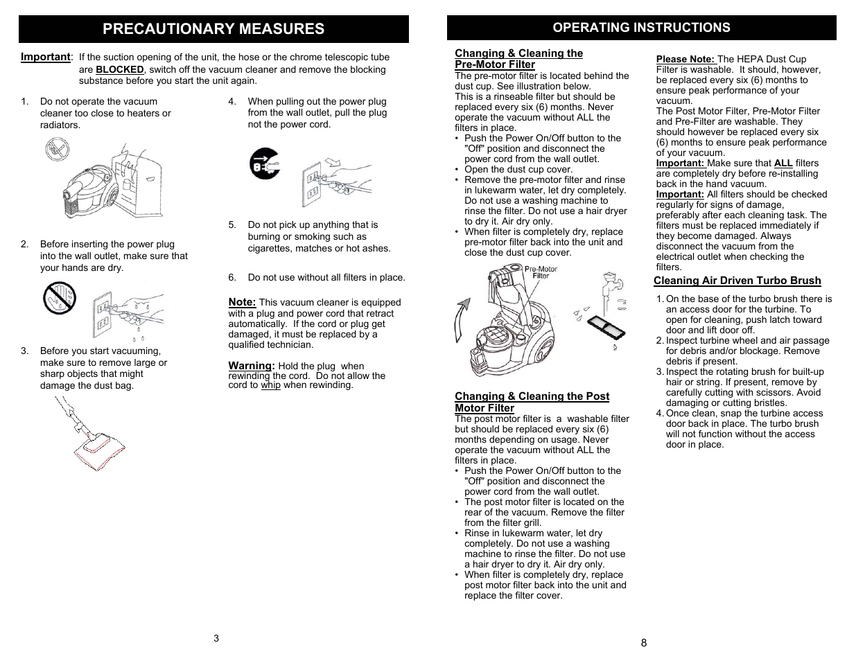 Precautionary measures, Operating instructions | Euro-Pro SHARK PURSUIT EP724 User Manual | Page 4 / 6