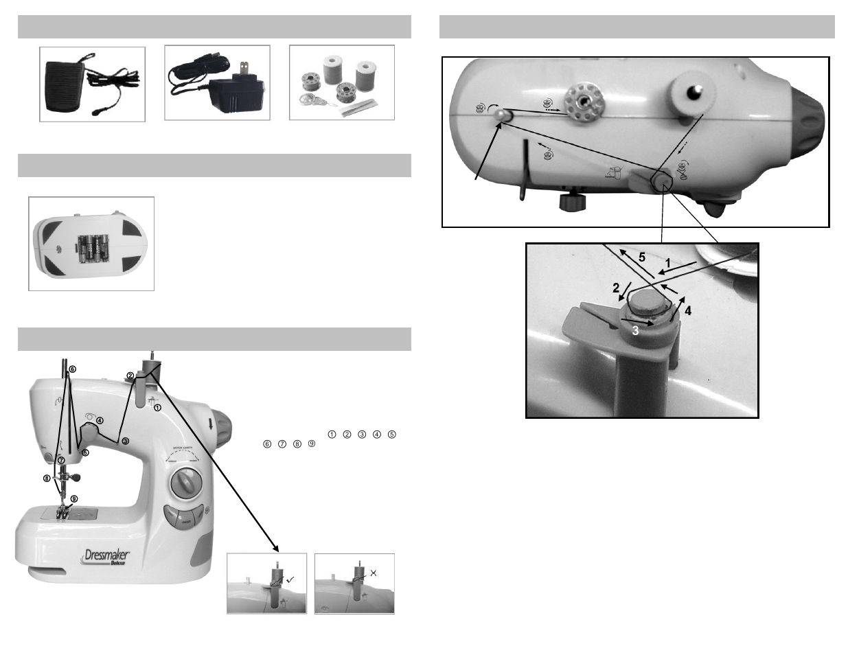 Accessories, Battery installation, Threading upper thread | Bobbin winding | Euro-Pro DRESSMAKER 1104HV User Manual | Page 4 / 6