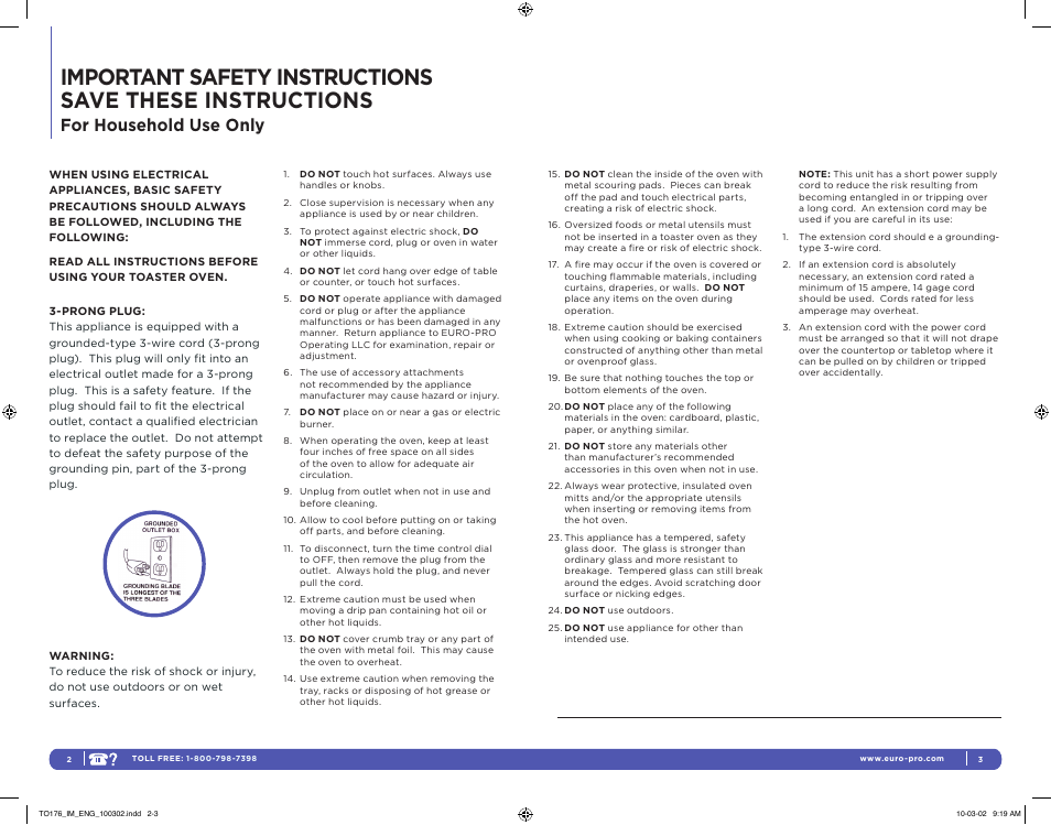 For household use only | Euro-Pro TO176 User Manual | Page 2 / 11